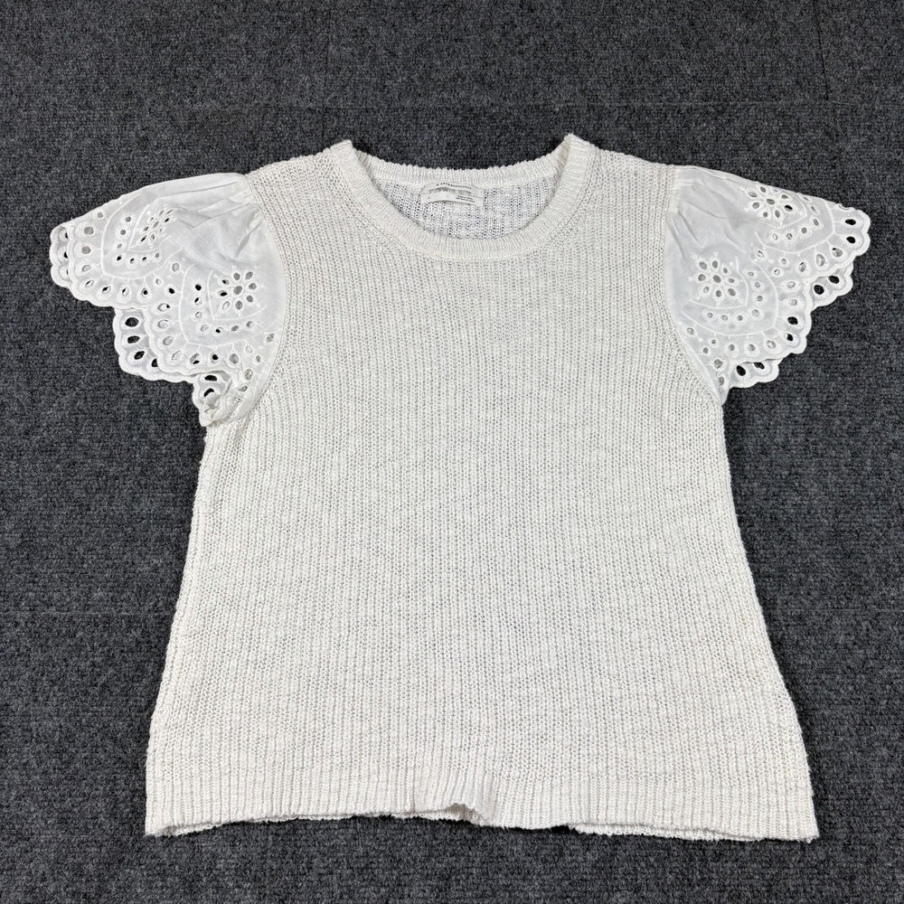 Anthropologie Top Womens Large Fits Small White Rib Knit Lace Sleeve Cottagecore